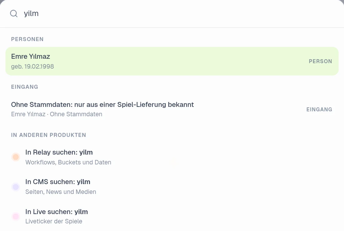 Die Suchpalette findet Emre Yılmaz und bietet die Suche in Relay, CMS und Live an