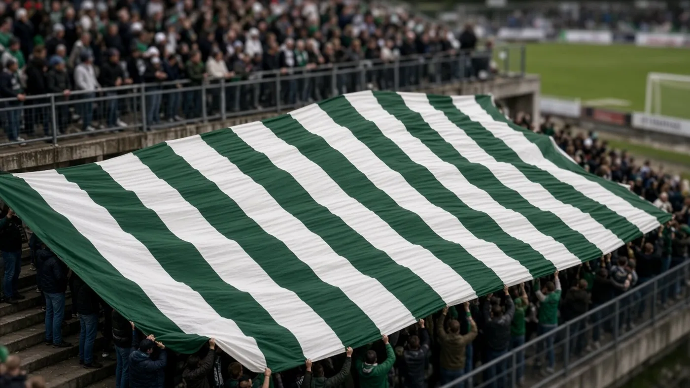 Fans in der Nordkurve halten eine riesige grün-weiß gestreifte Fahne über die Köpfe