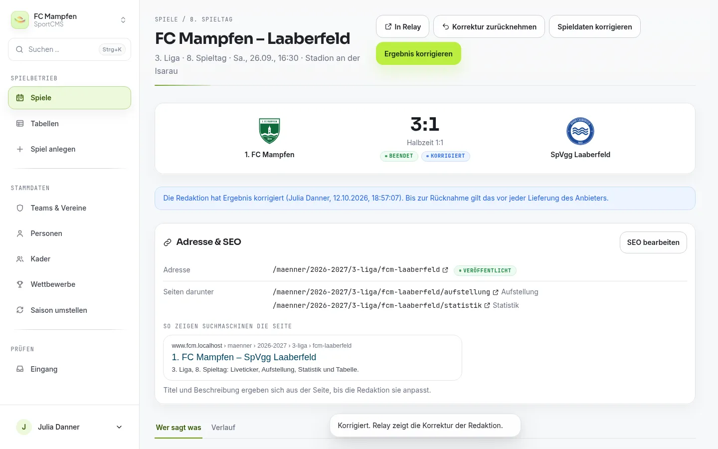 Sportdaten in ARENIQ SportCMS: ein korrigiertes Ergebnis mit dem Hinweis der Redaktion