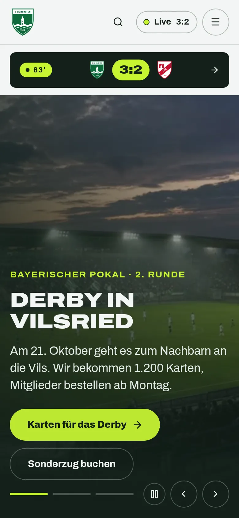 Dieselbe Startseite der Vereinswebsite auf dem Telefon